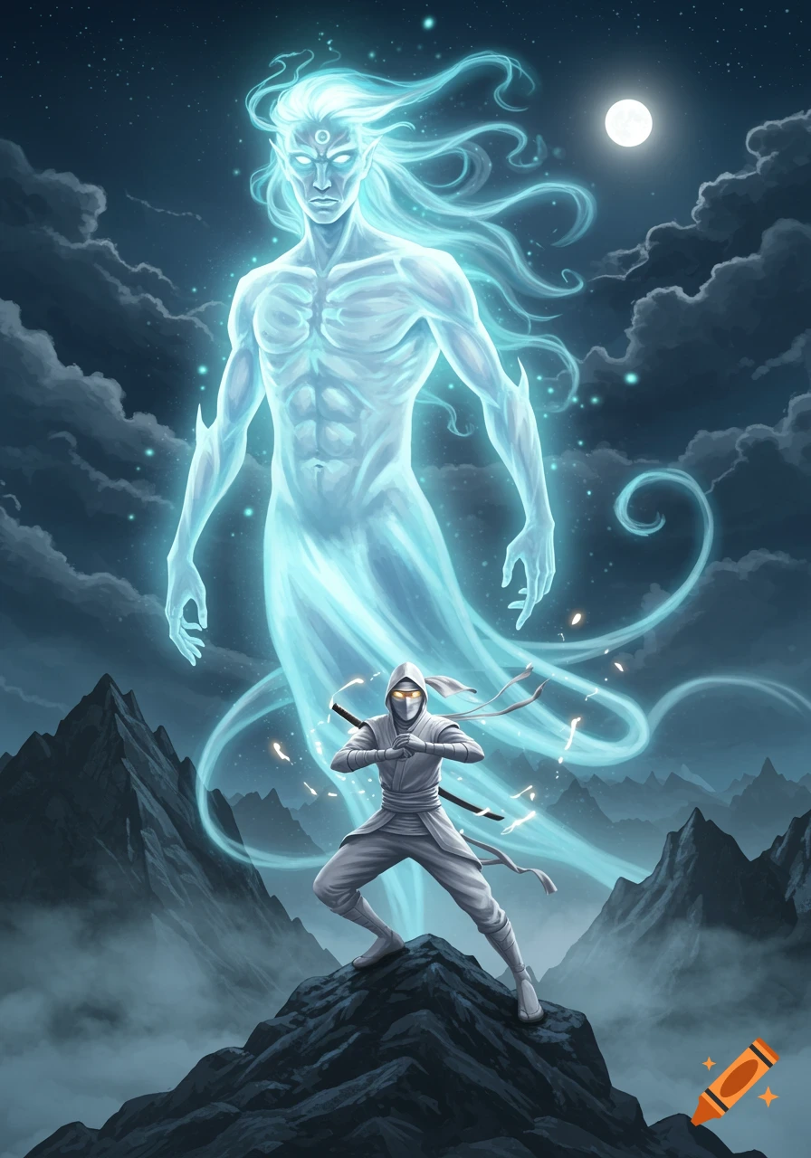 A white-clad ninja stands on a mountain peak, facing a towering, glowing blue spirit against a night sky with a full moon.