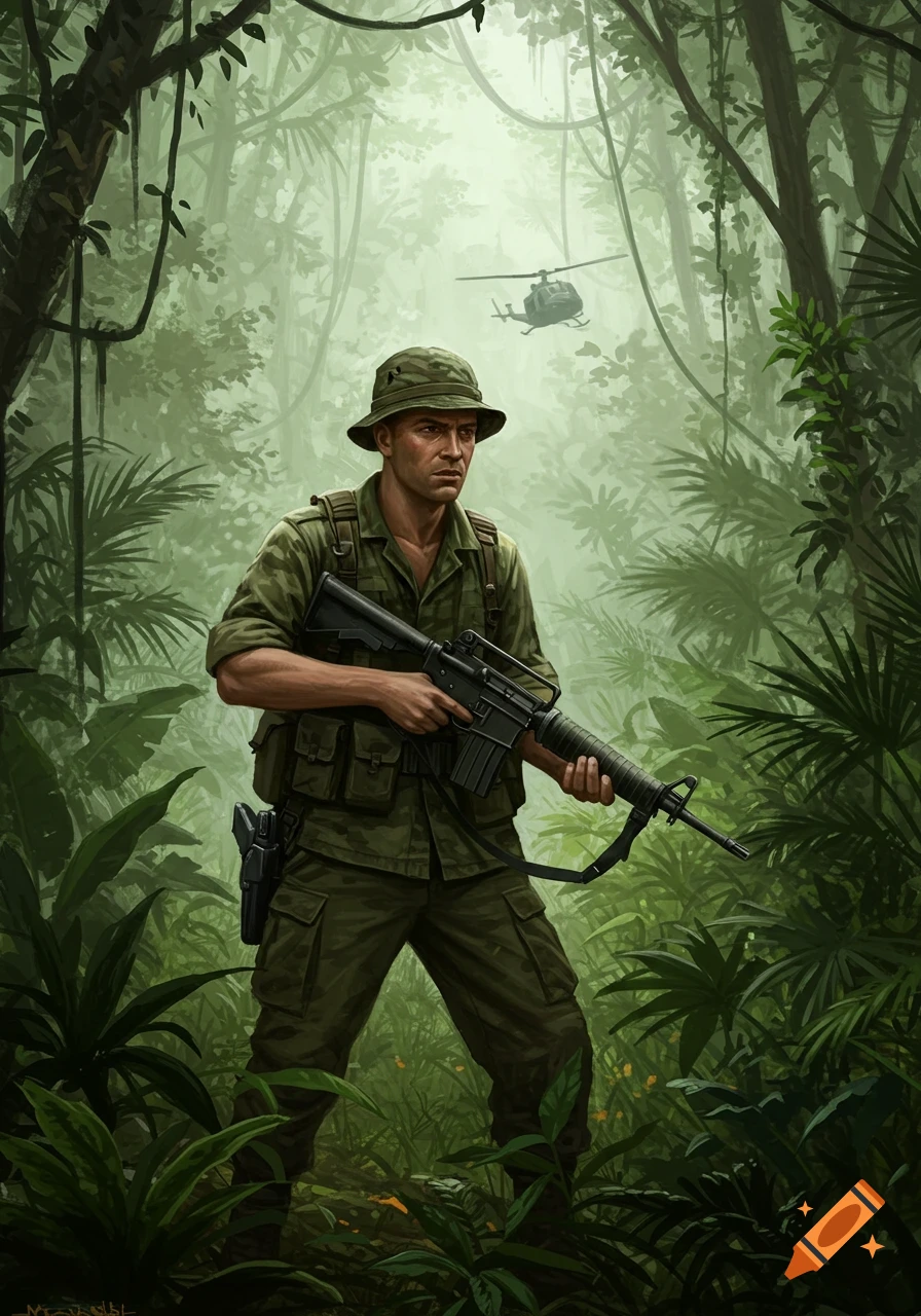 A soldier in a camouflage uniform and boonie hat holds a rifle in a dense, green jungle with a distant helicopter.