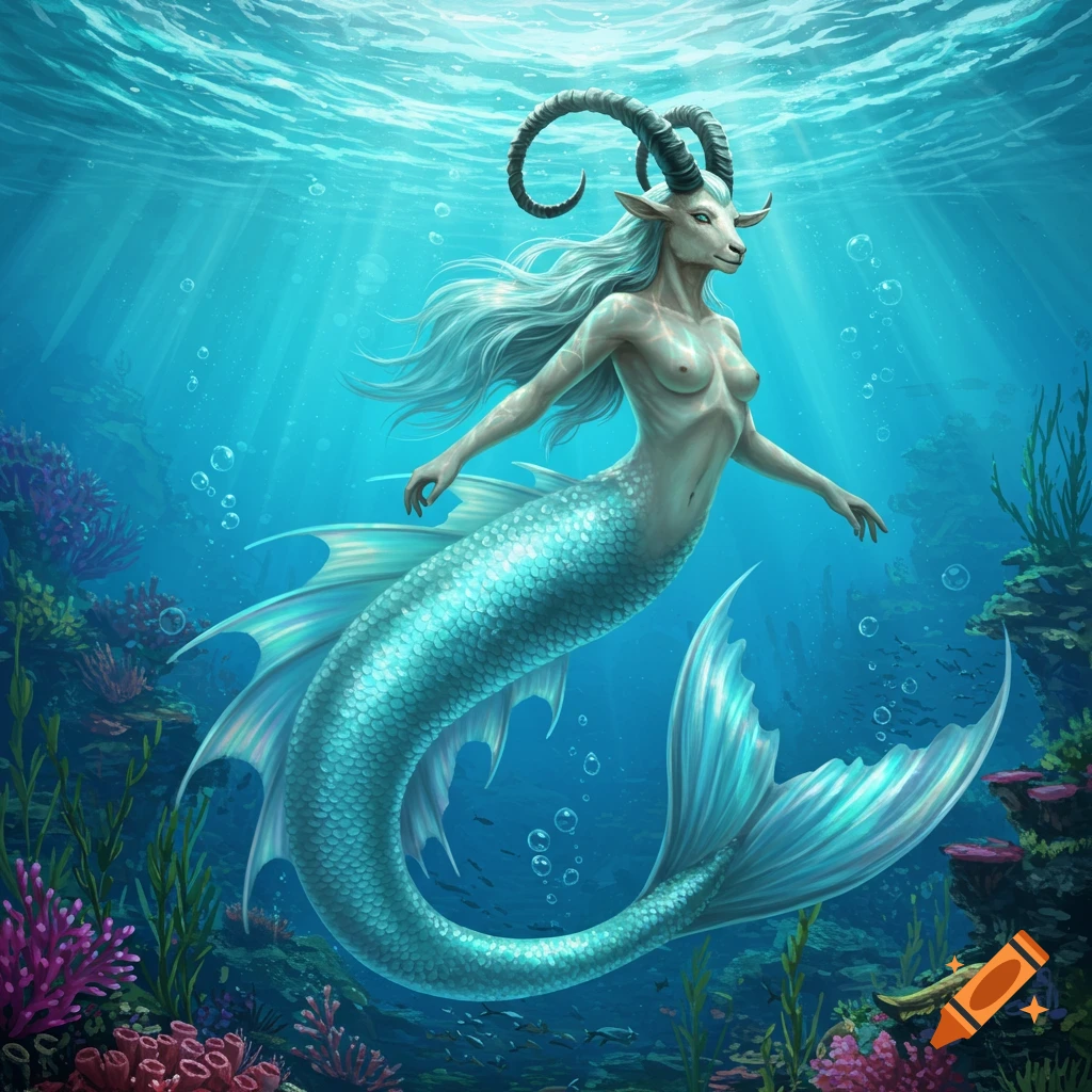 A white-haired goat-headed mermaid with a shimmering blue tail swims gracefully underwater among coral reefs, illuminated by sunbeams.