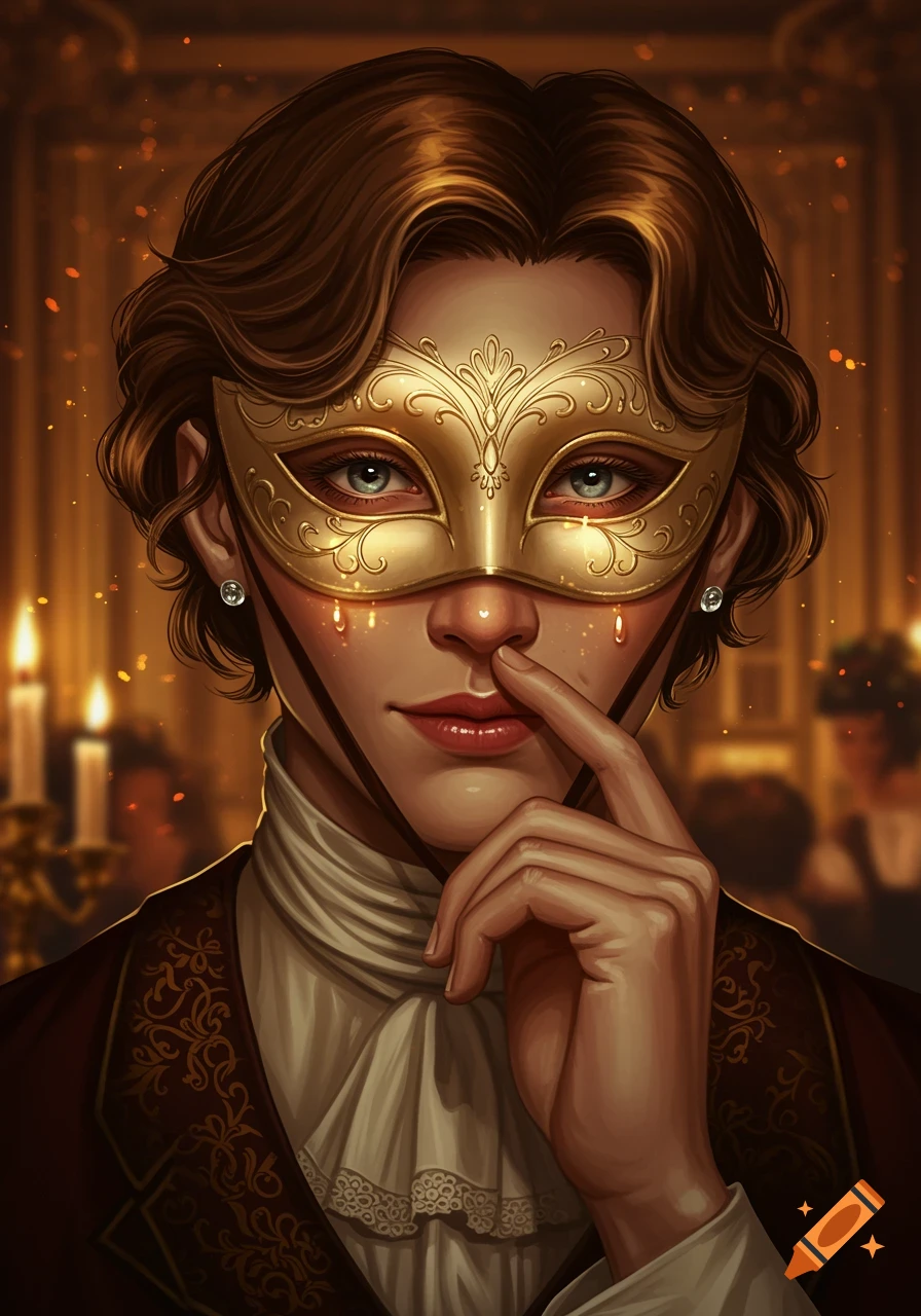 Digital art portrait of a person in an ornate golden masquerade mask with light tears, touching their face, at an elegant, warm-lit event.