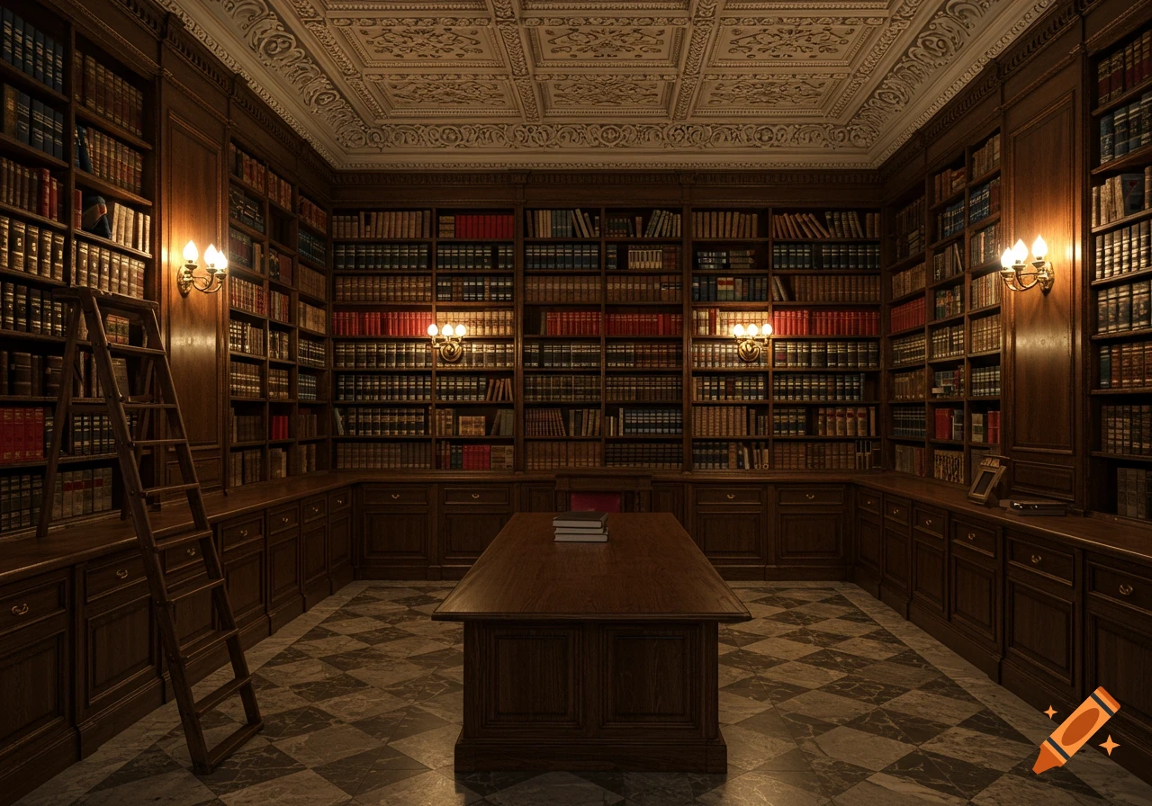 An ornate, dimly lit library room with towering dark wood bookshelves, a central reading table, and a rolling ladder.