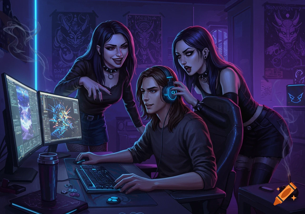A long-haired gamer boy at a desk with two monitors, and two goth girls leaning in, one adjusting his headphones.