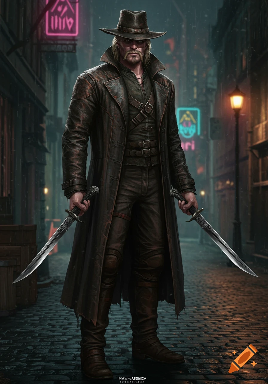 A stoic man with blond hair and sideburns, wearing a leather hat and long leather overcoat, stands in a rainy, dark alley holding two hunting knives. Neon signs glow in the background.