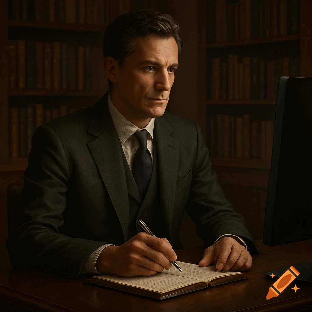 A photorealistic man in a suit writes in a notebook at a desk with a computer and bookshelves.