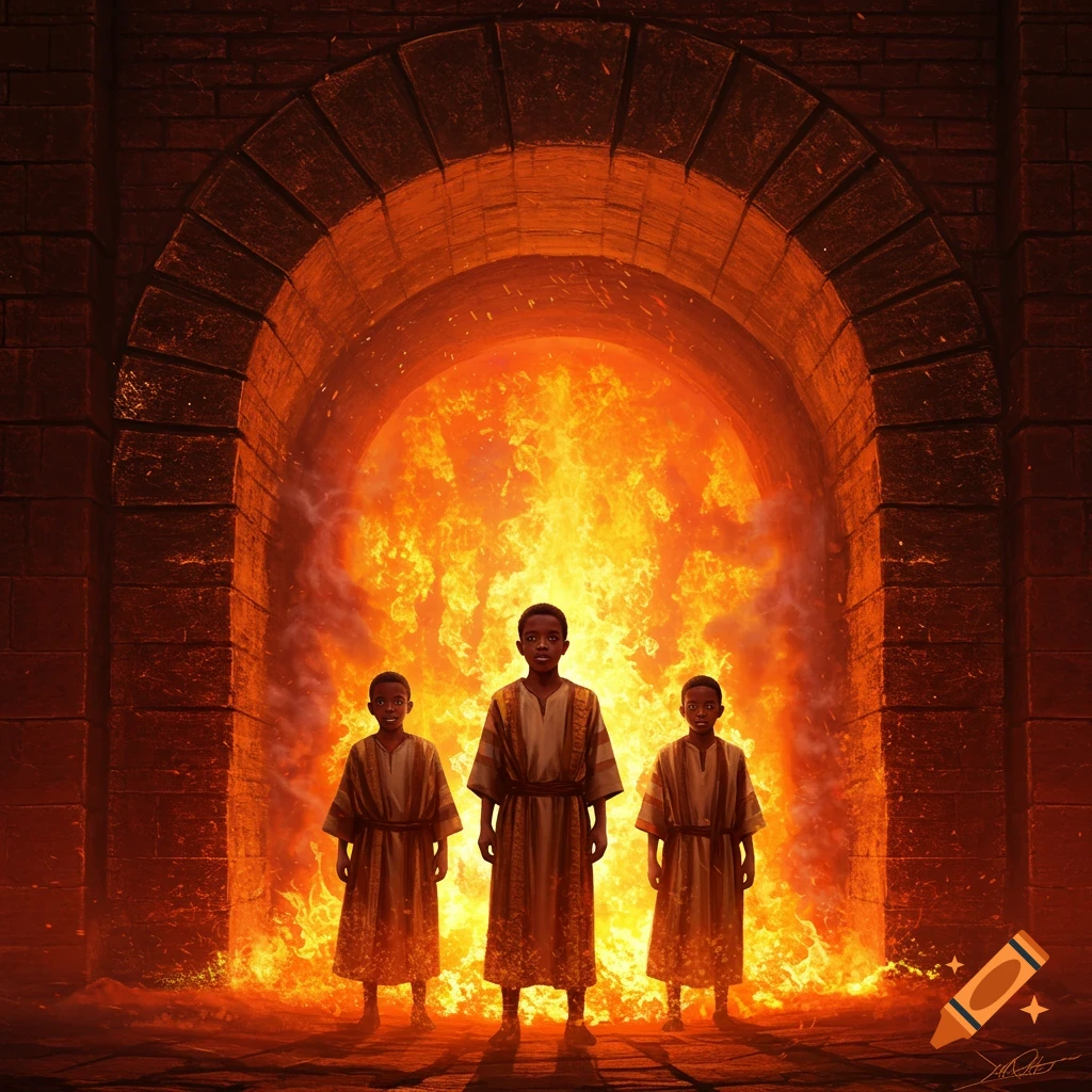 Three young boys in robes stand unharmed before a large archway filled with roaring flames, digital art.