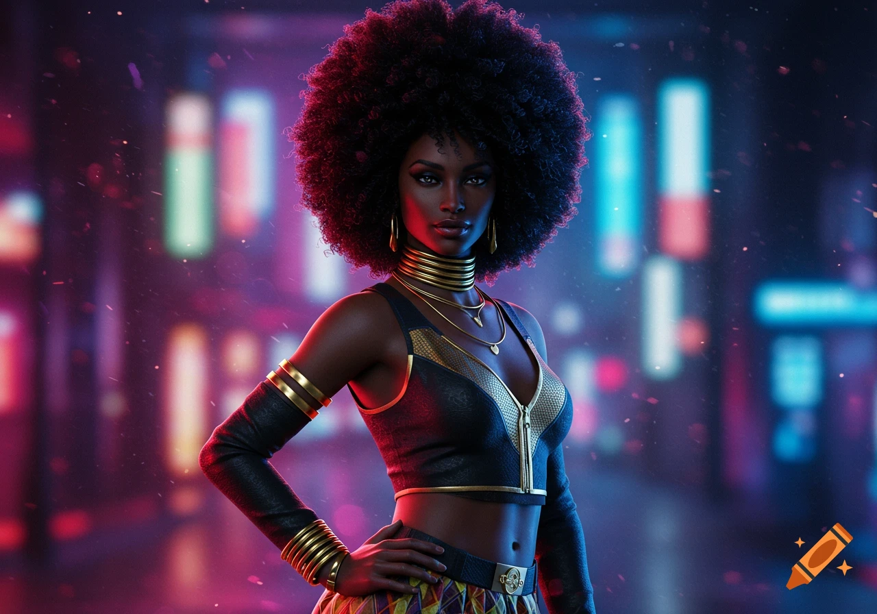 A dark-skinned woman with a large afro, wearing a gold and black stylized top and an ornate skirt, stands against a blurred neon city background. Photorealistic digital art.