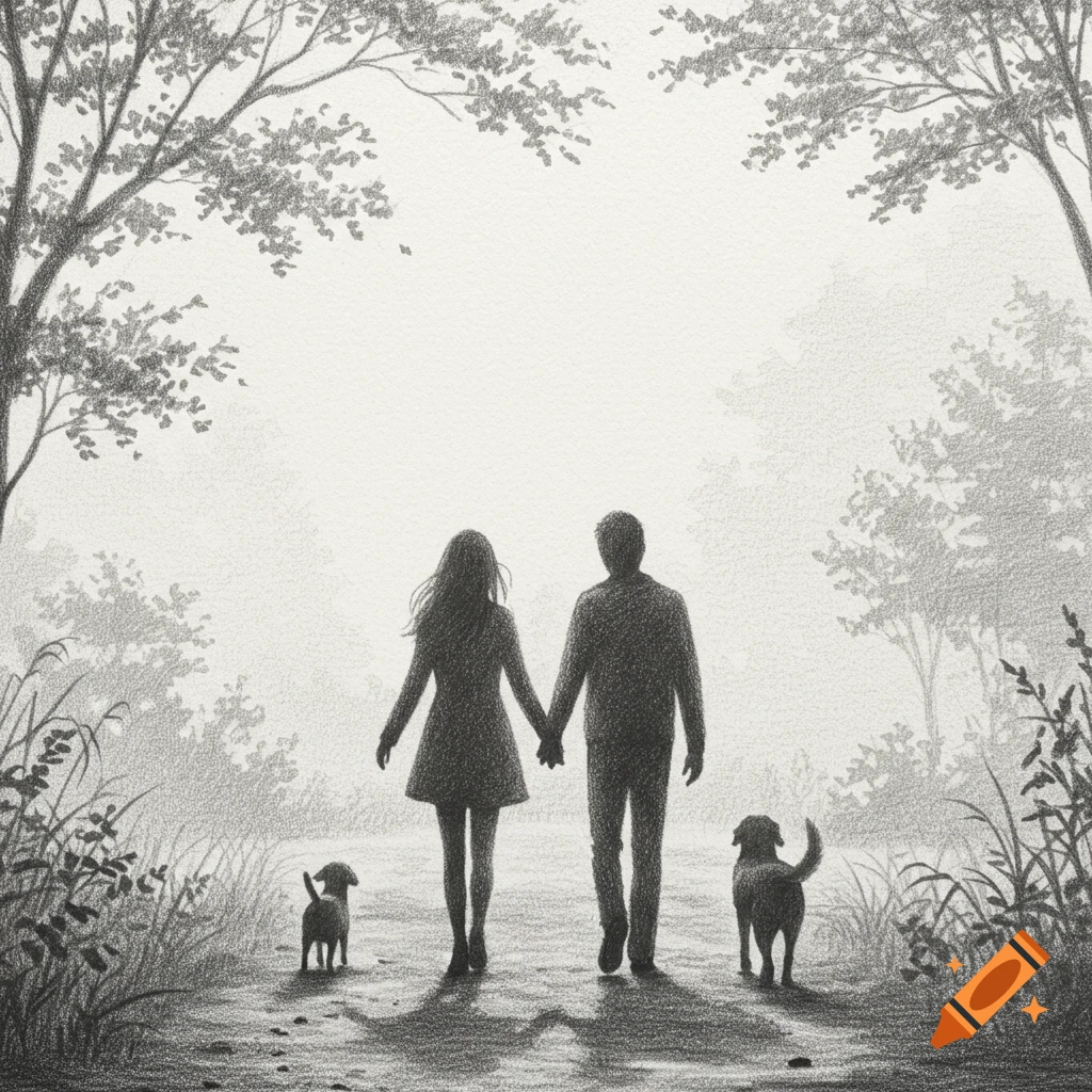 Pencil silhouette drawing of a couple holding hands, walking away on a path with two dogs in a foggy, treelined setting.