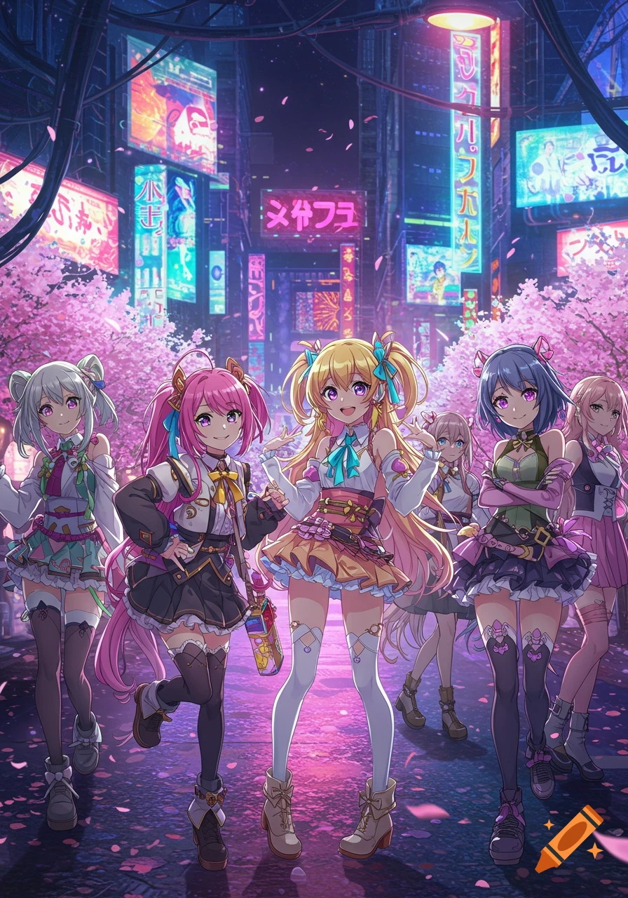 Six anime girls with vibrant outfits stand on a cherry blossom-lined street in a neon-lit futuristic city at night.