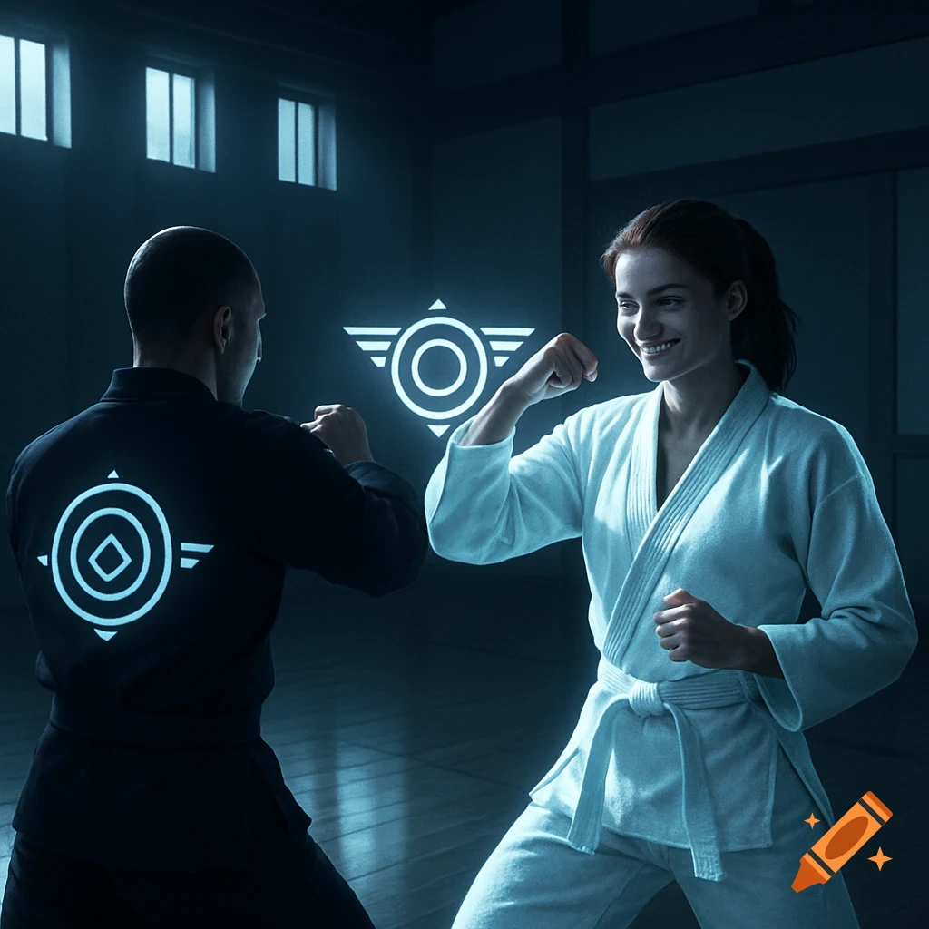 Two people in martial arts uniforms with glowing symbols train in a dark, minimalist dojo. A woman in white smiles at a man in black.
