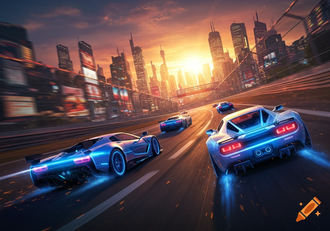 Futuristic neon blue race cars speed down a city track at sunset, with a vibrant skyline in the background.