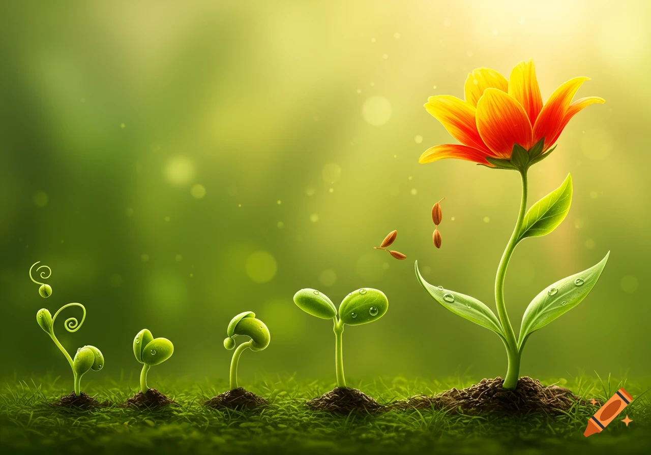 A plant's growth stages from tiny sprout to a vibrant orange and yellow flower on a grassy field, with seeds falling.