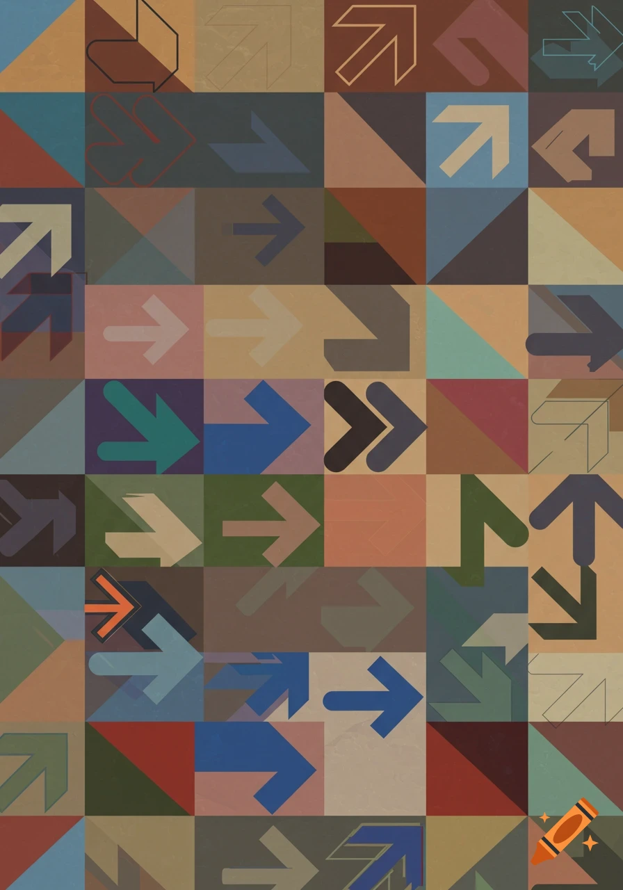A tessellated pattern of geometric arrows pointing in various directions on a grid of muted colored squares.