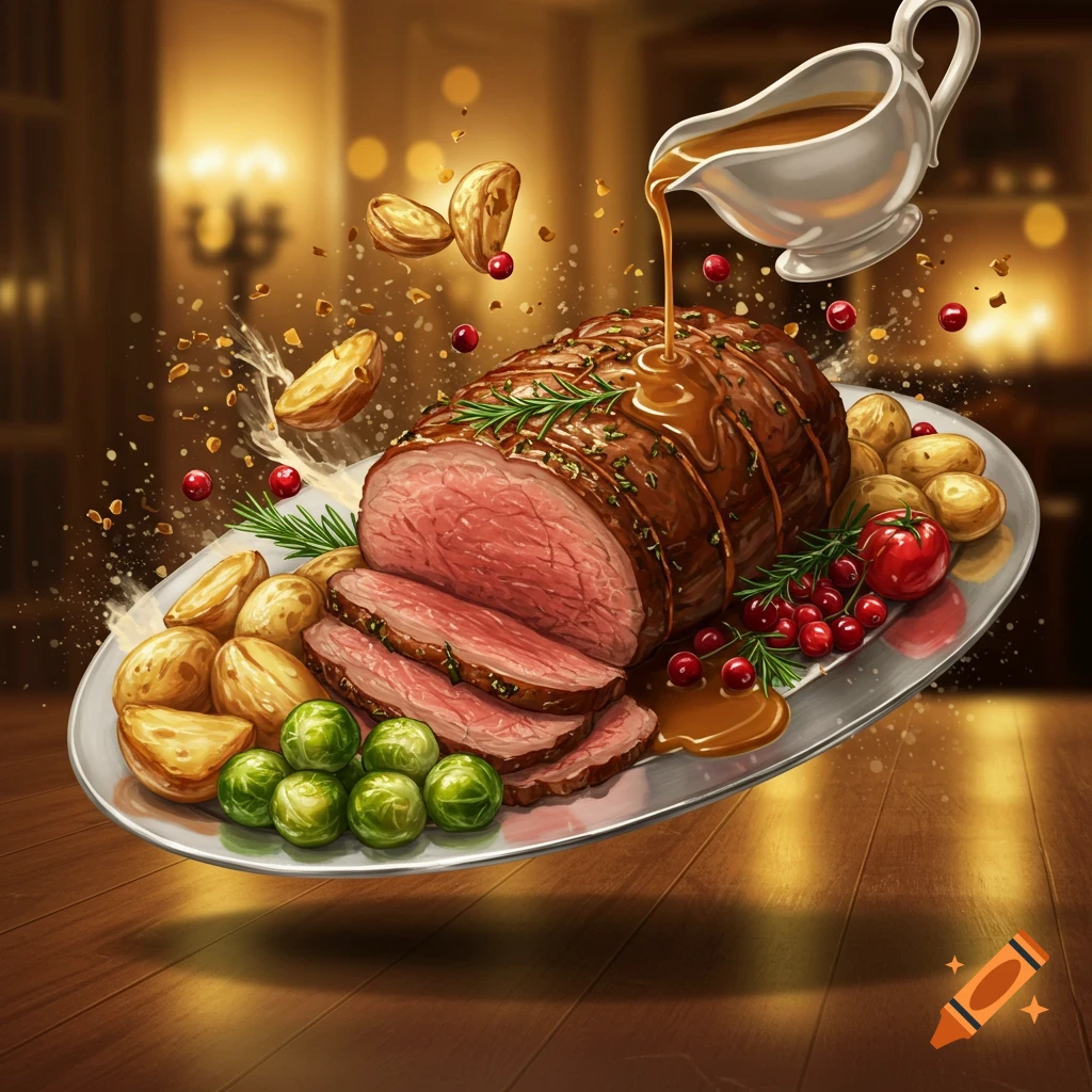 A roast beef platter with gravy being poured, surrounded by floating potatoes, cranberries, and Brussels sprouts, set against a blurred background.