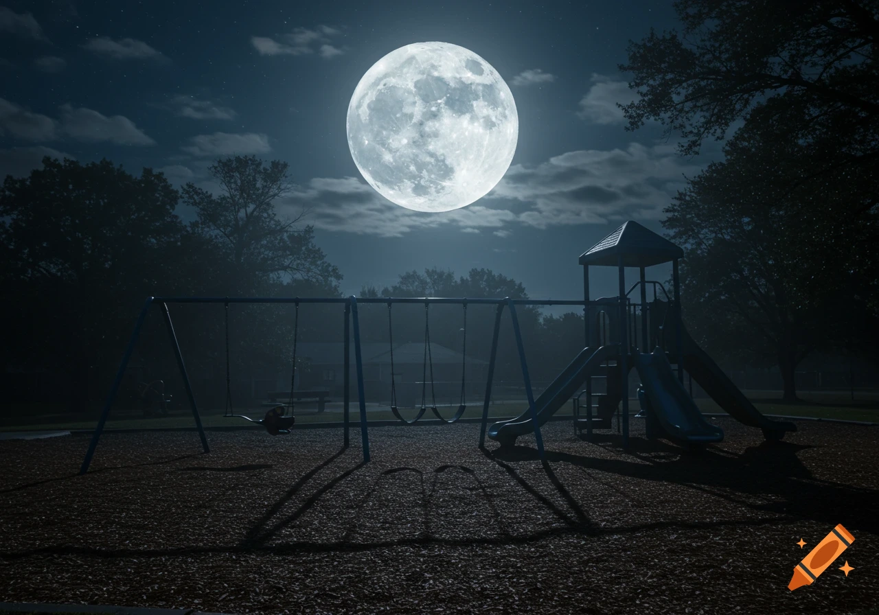 A school playground at night under a large, bright full moon and cloudy sky.