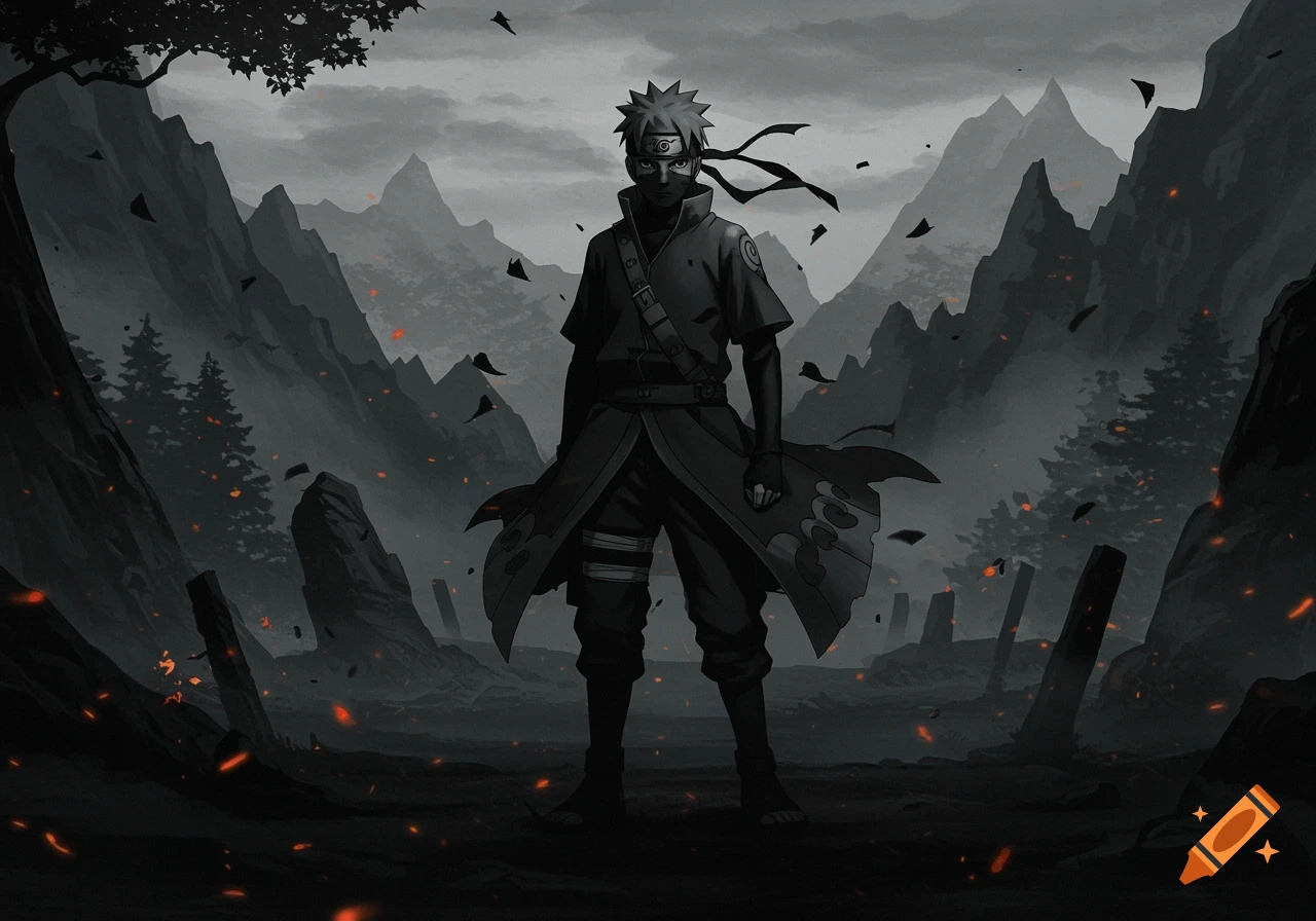 An anime character resembling Naruto, with spiky hair and a mask, stands in a dark, desolate, mountainous landscape with embers.