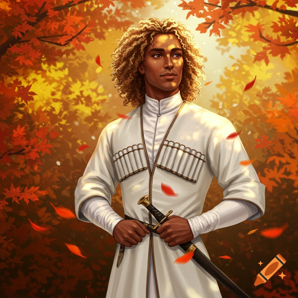 An illustrated man with curly blond hair in a white traditional Georgian outfit holding a sword, against an autumn forest background.
