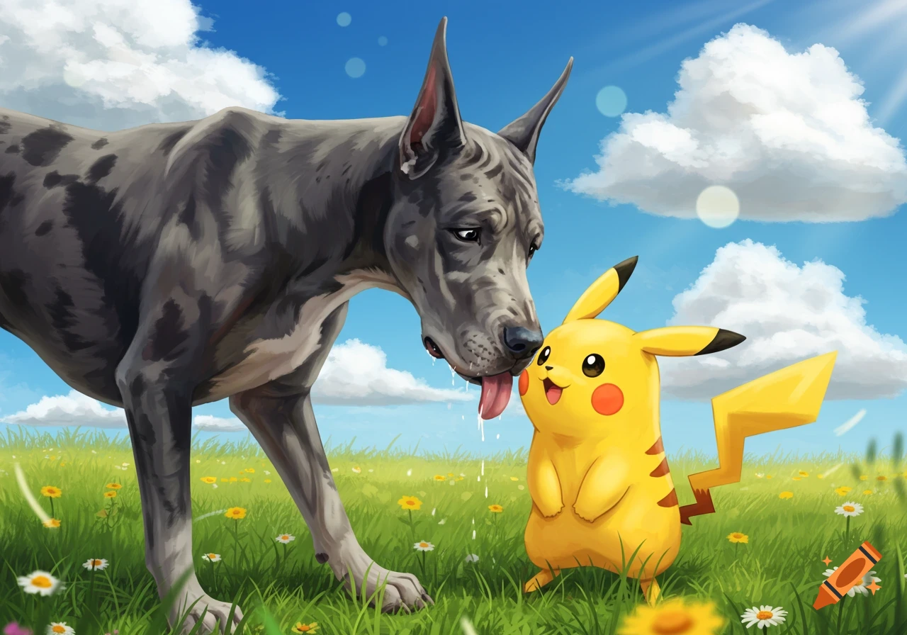 A large grey Great Dane dog licks a small yellow Pikachu in a sunny green field with flowers under a blue sky.