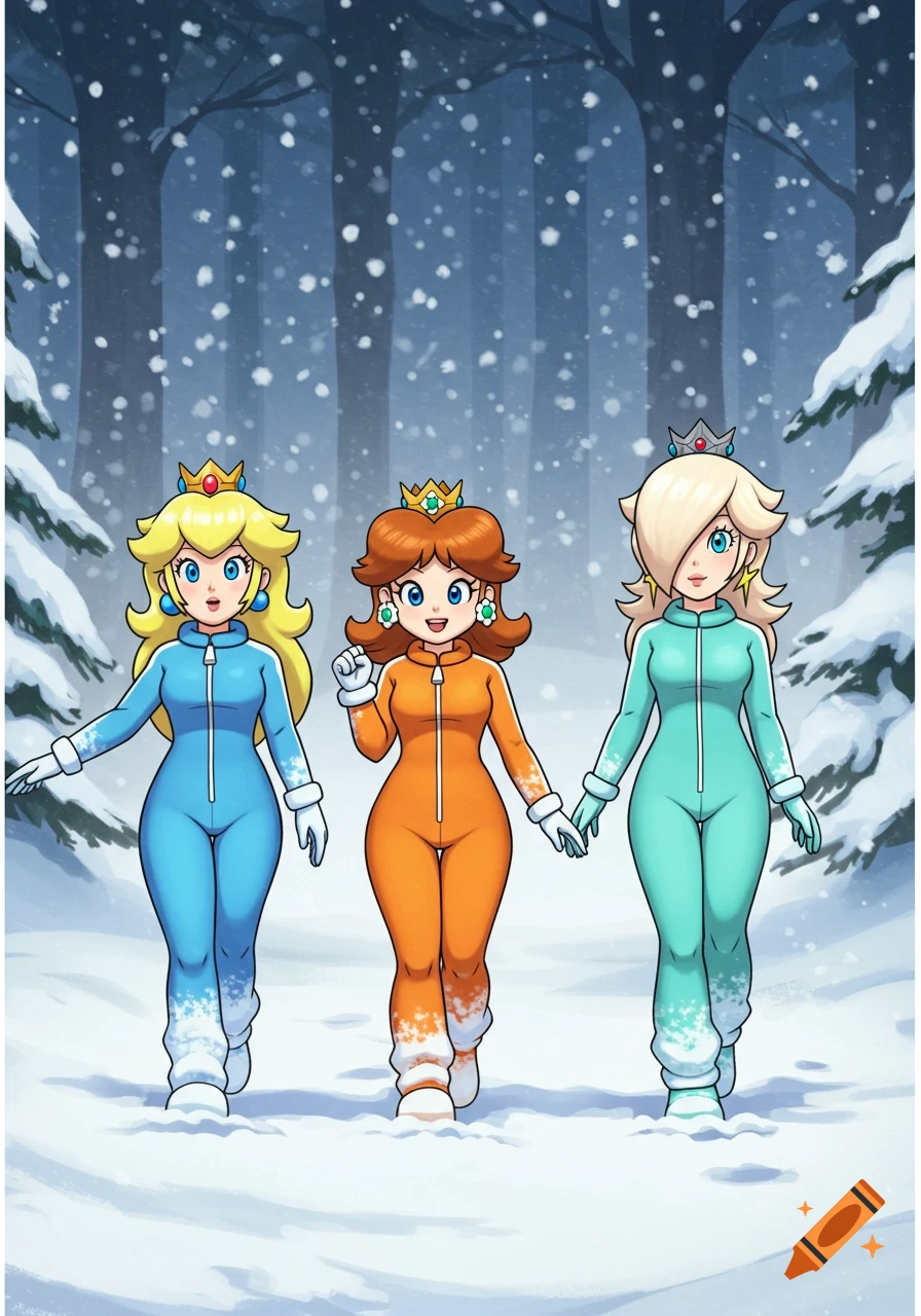 Princess Peach, Daisy, and Rosalina in full-body winter jumpsuits walk through a snowy forest, in a bright cartoon style.