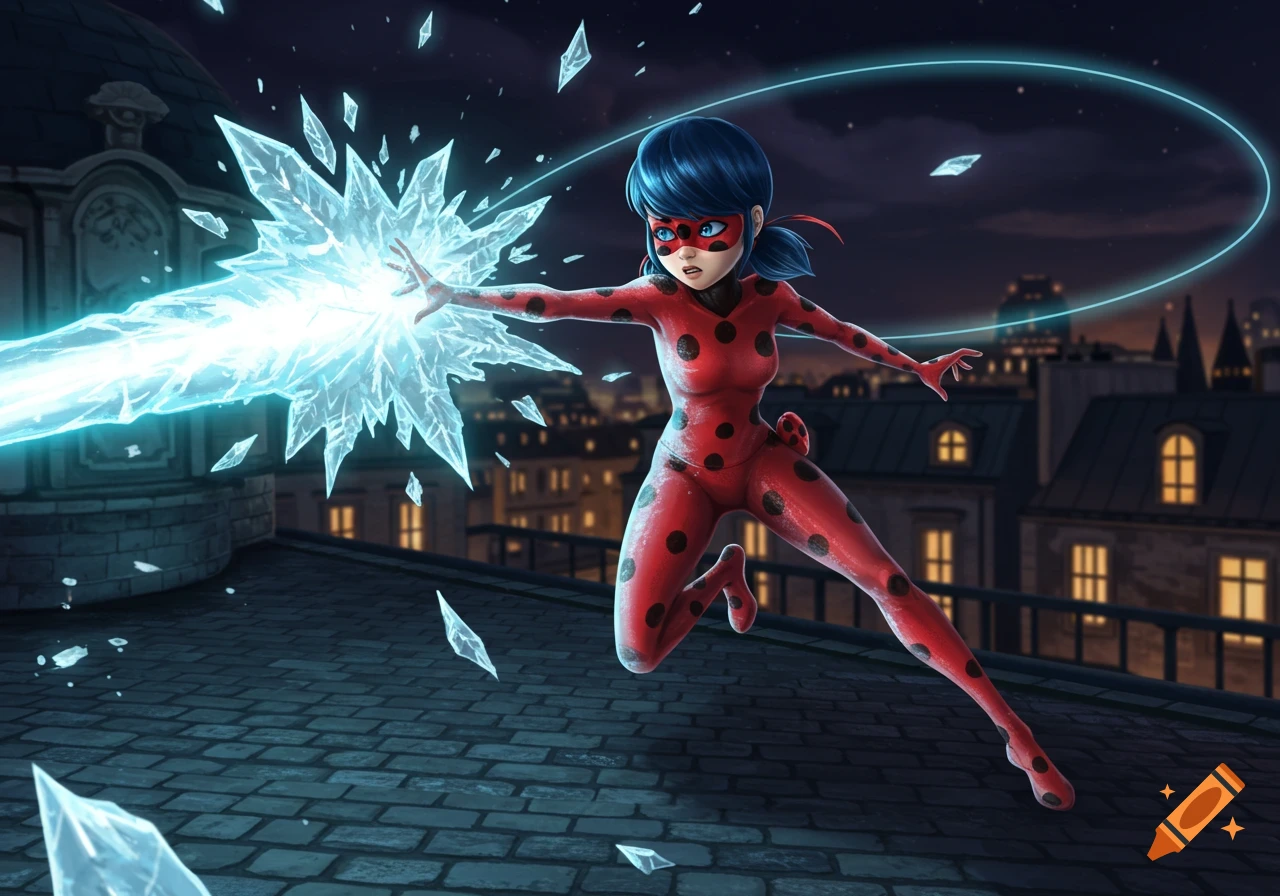 Ladybug, a superhero character, on a rooftop at night, deflecting an ice blast in an anime art style.