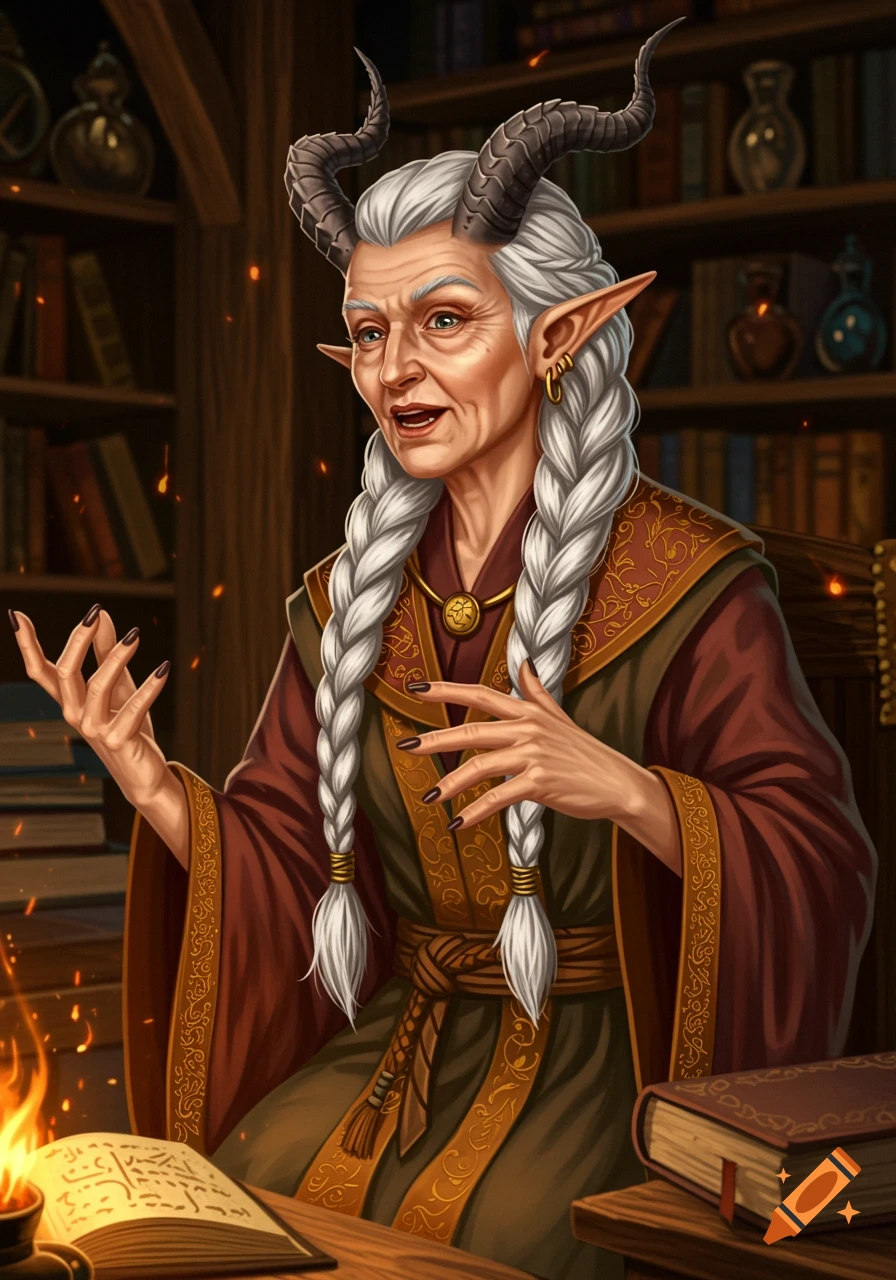 An old woman with braided grey hair, horns, and pointed ears gestures while seated at a desk with an open book in a library, with a small fire burning nearby.