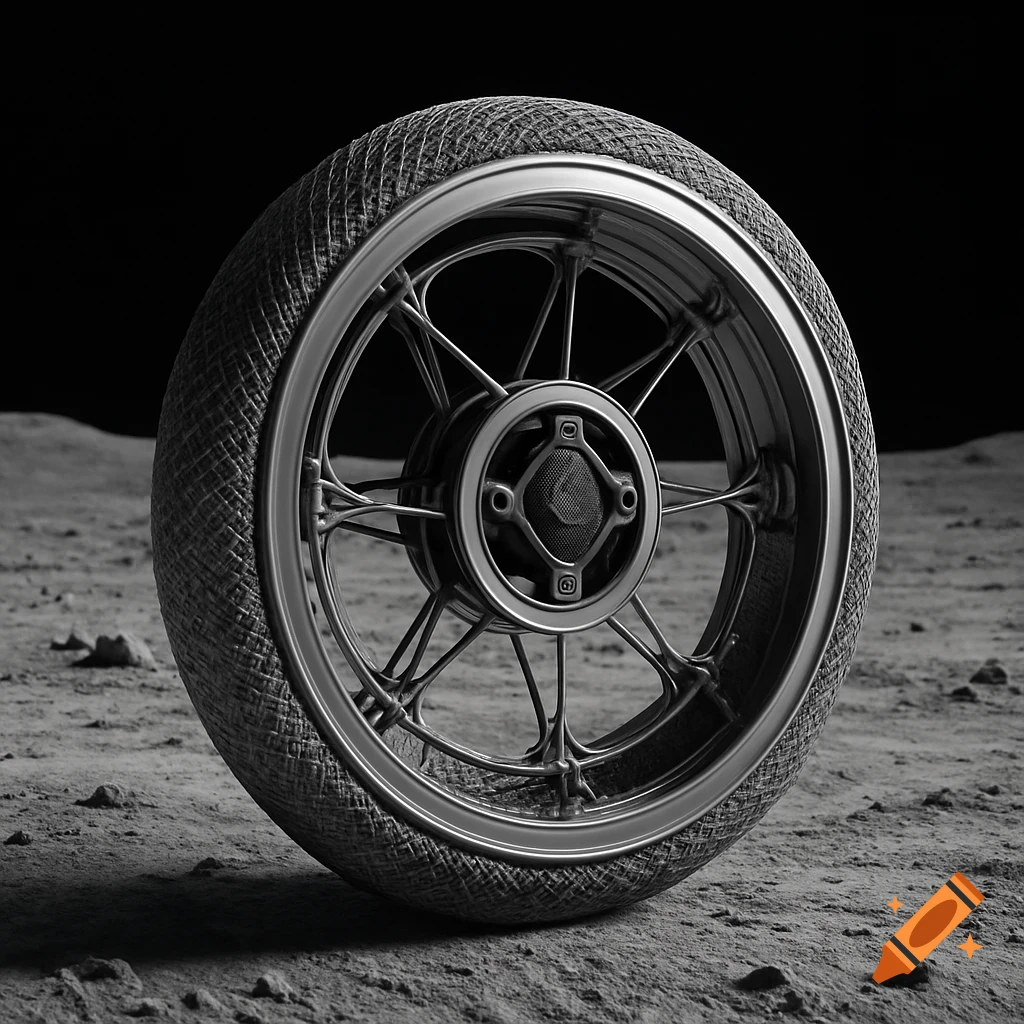 A detailed side view of a minimalist, skeletal lunar rover wheel with a wire mesh tread, set against a dark, rocky moonscape.