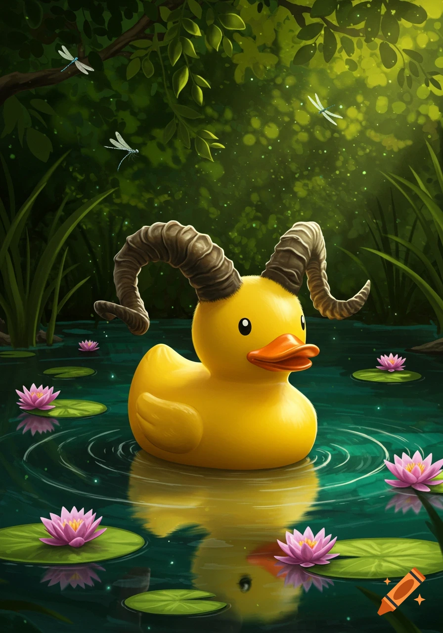 A yellow rubber duck with brown goat horns floats on a dark green pond surrounded by pink lily pads and green foliage.