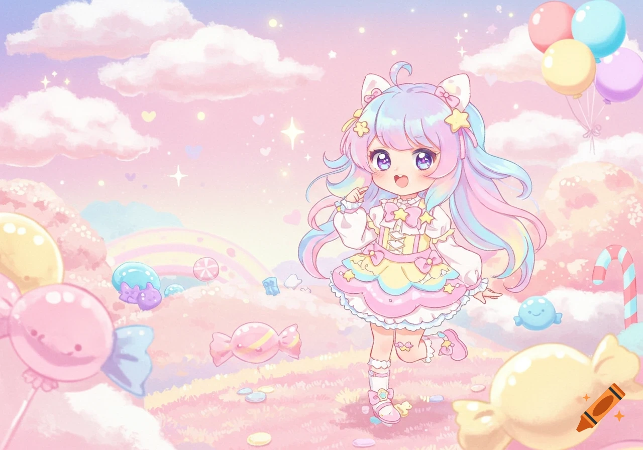A cute anime girl with pastel hair skips through a whimsical candy land with sweets, balloons, and clouds.
