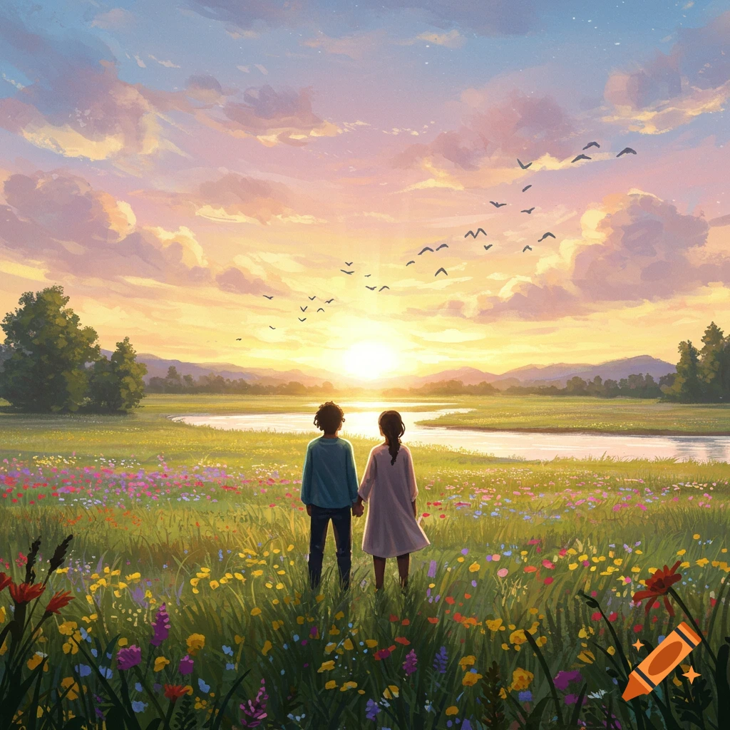 Two children hold hands, looking at a colorful sunset over a field of wildflowers and a river.