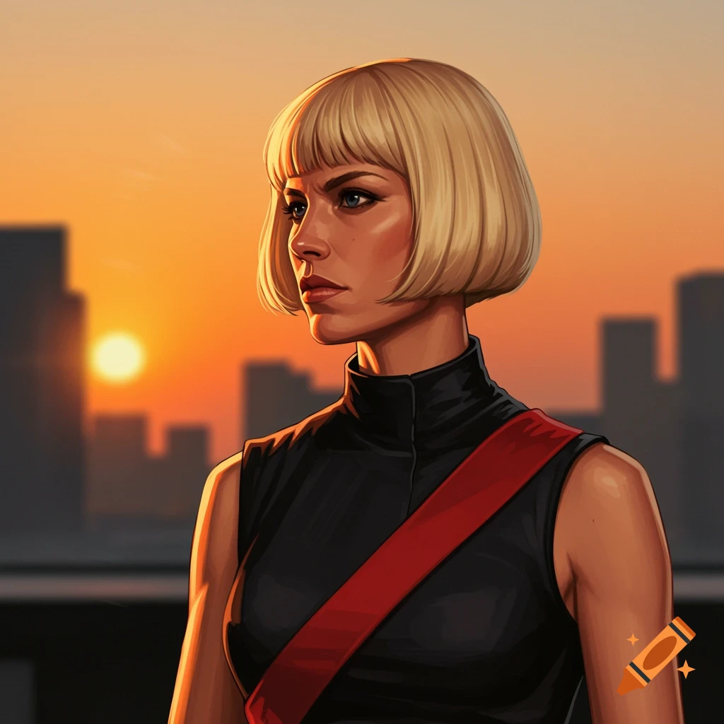 A digital art portrait of a blonde woman with a bowlcut and red sash, looking right against a sunset city skyline.