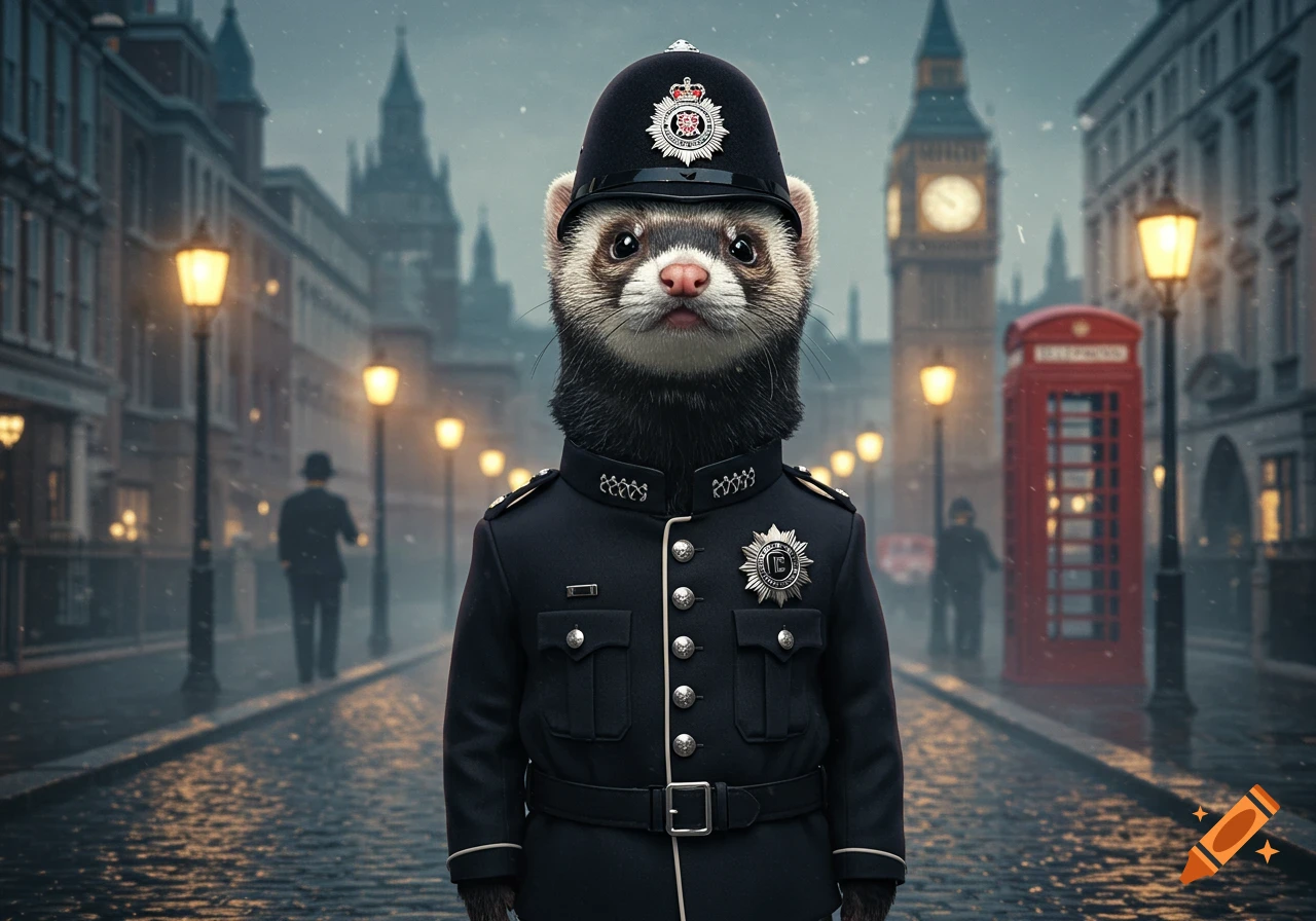 A photorealistic image of a ferret wearing a UK policeman's uniform and helmet, standing on a cobblestone street in London with Big Ben and a red phone booth in the background.
