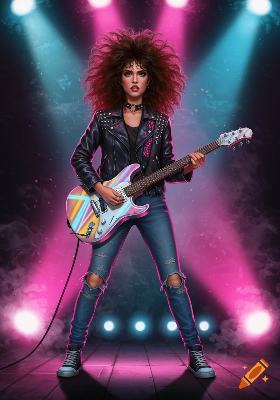 A female rocker with big curly hair, wearing a leather jacket and ripped jeans, plays an electric guitar under pink and blue stage lights.
