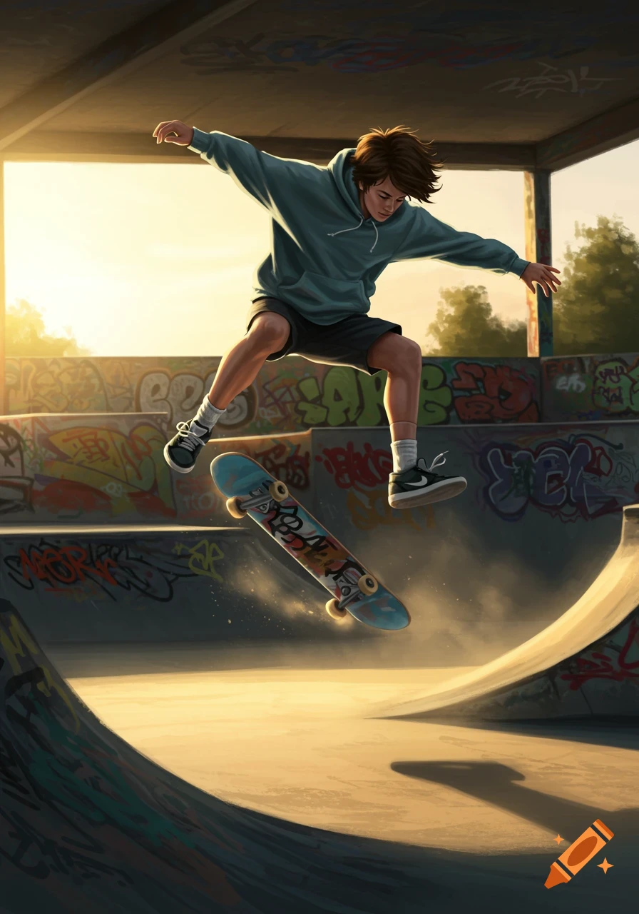 A boy is mid-air on his skateboard in a graffiti-covered skatepark at sunset.