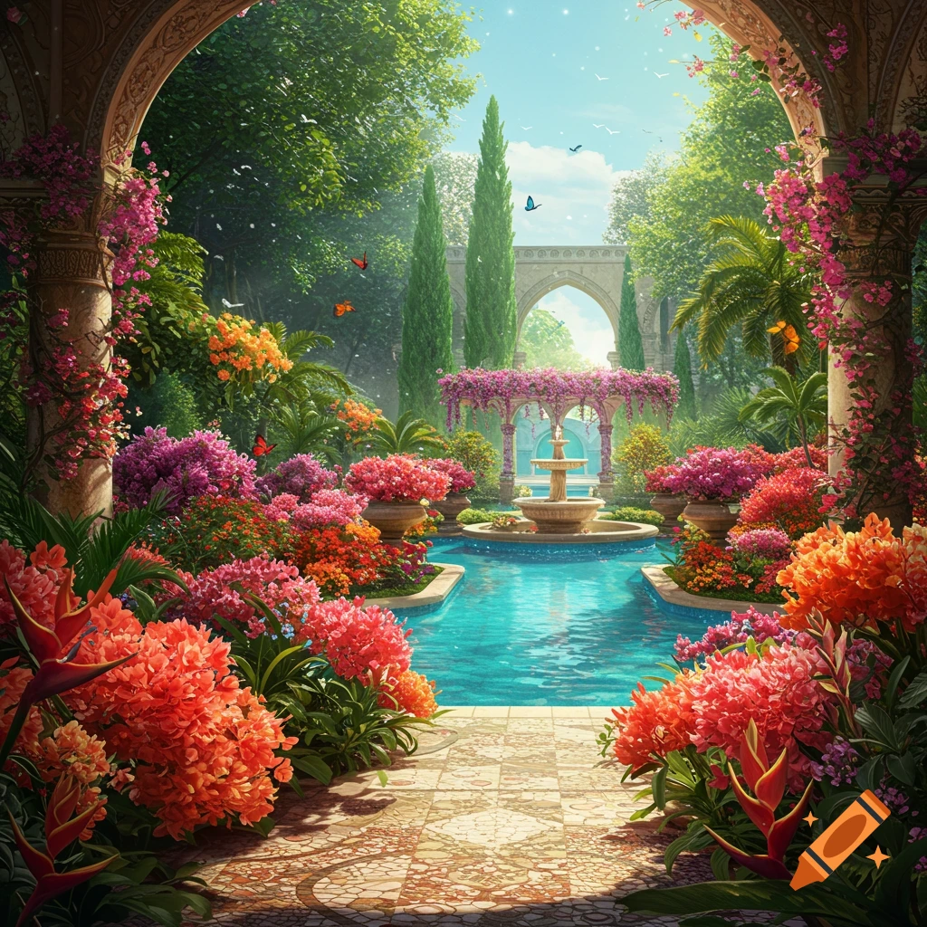 A vibrant, lush garden with a central pool and fountain, surrounded by colorful tropical flowers and green trees, viewed through an ornate archway.