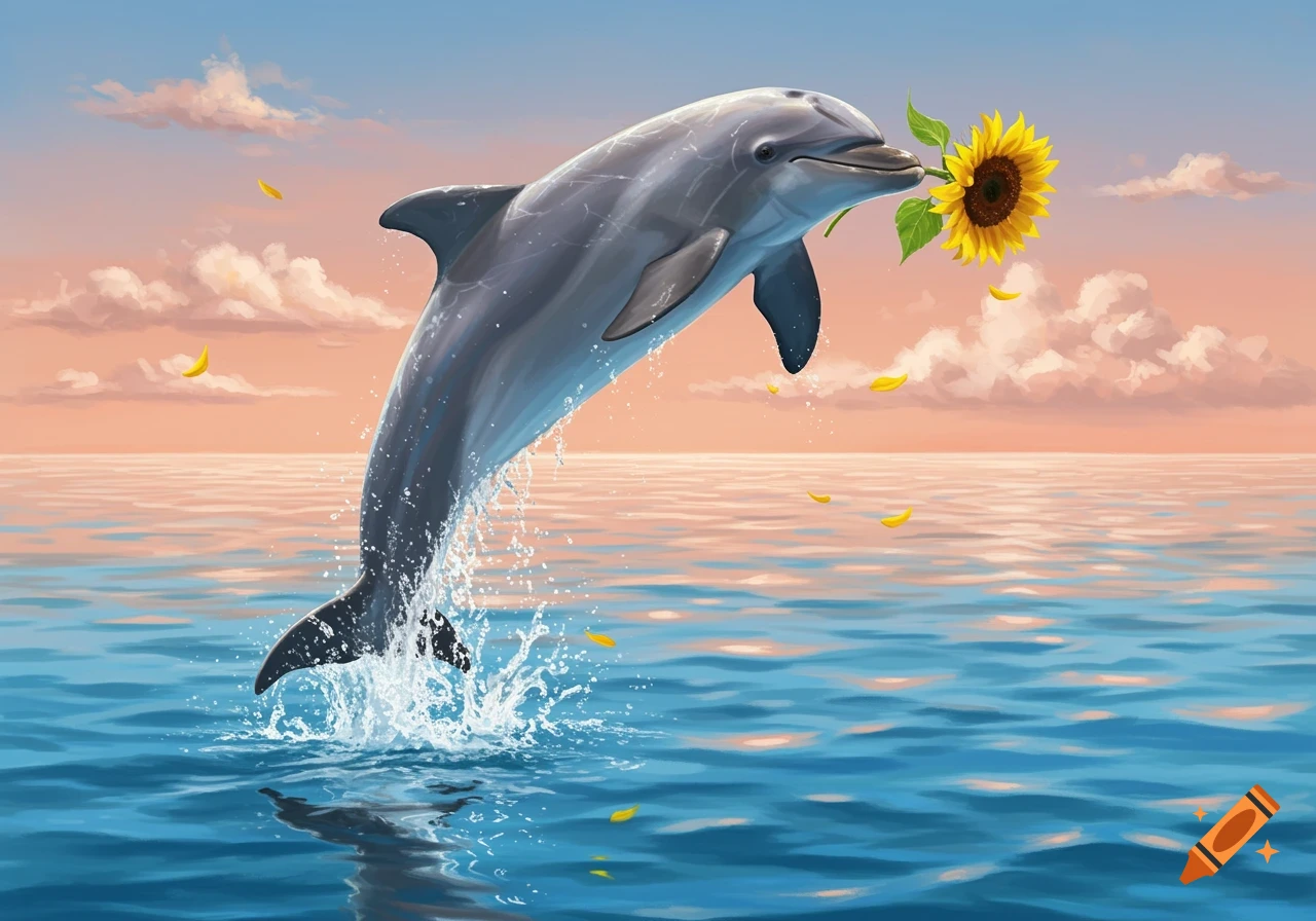 A grey dolphin leaps from blue ocean waters, holding a large yellow sunflower in its mouth, under a colorful sunset sky.