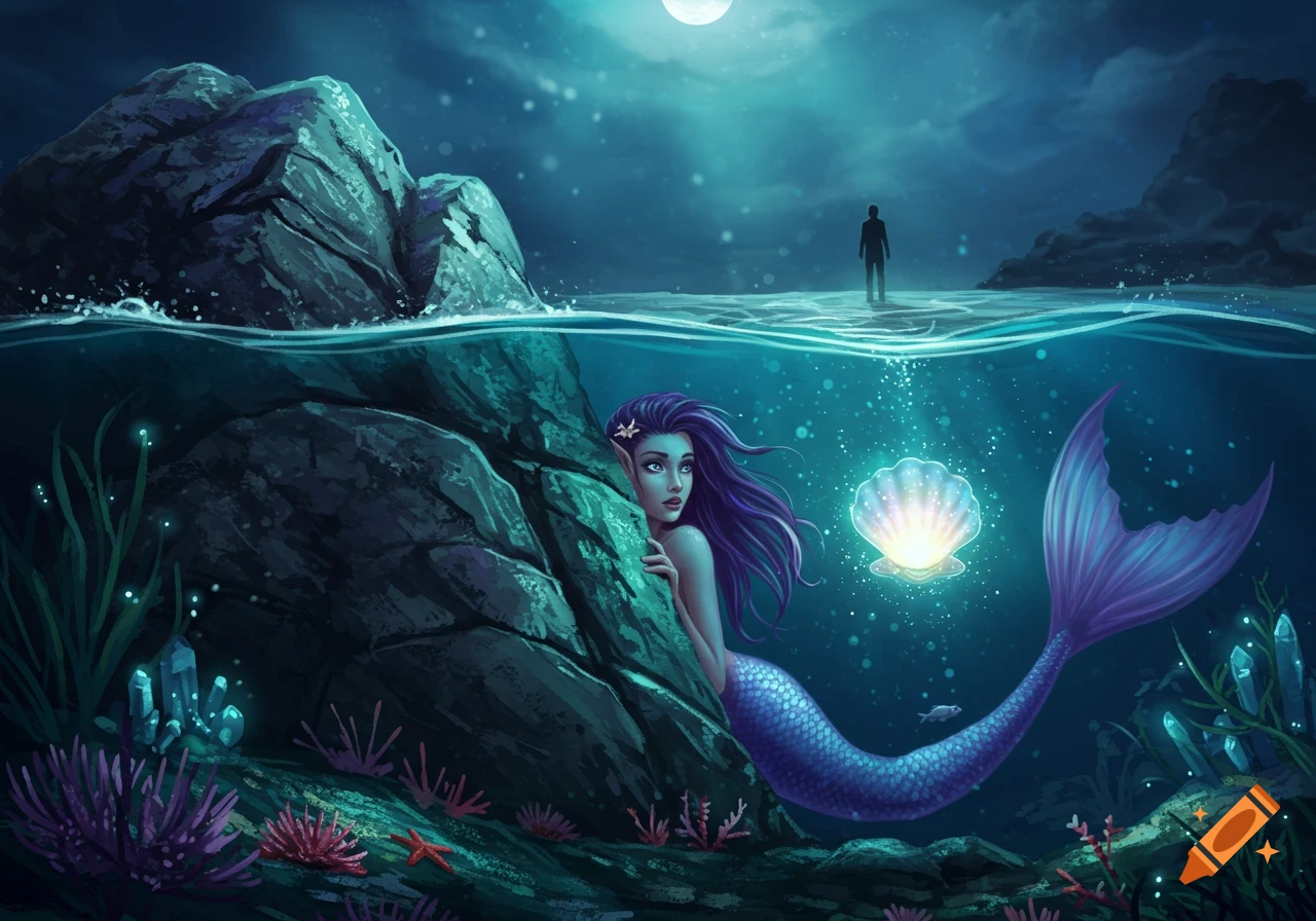 Purple-haired mermaid hiding behind an underwater rock, looking at a human on the moonlit shore. A glowing shell floats nearby in the mysterious sea.