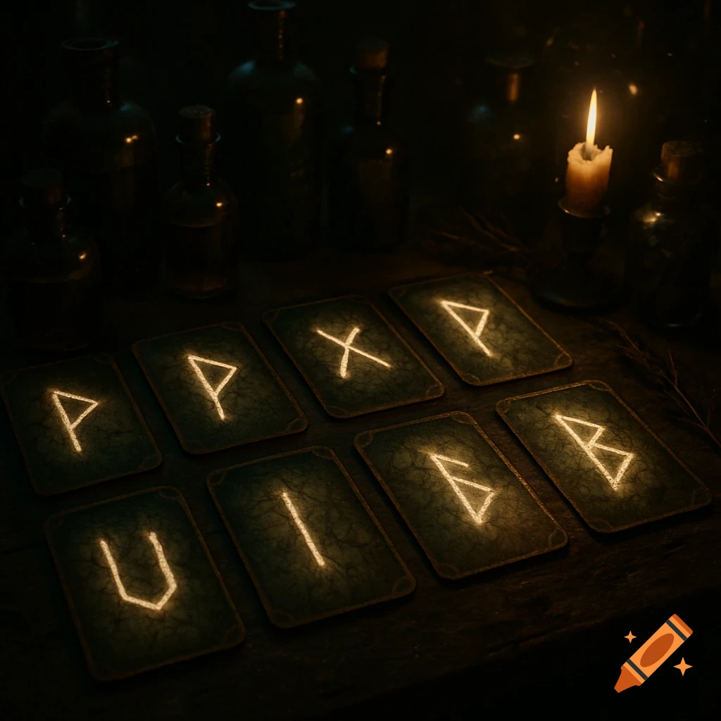 Close-up of several glowing rune cards laid out on a dark, grungy wooden table with apothecary bottles and a lit candle in the background.