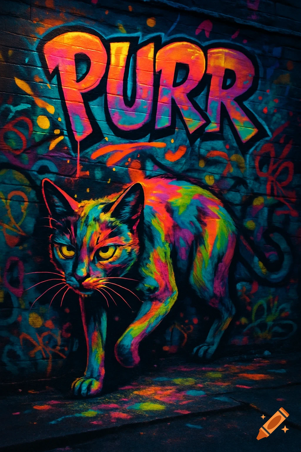 A vibrant, multi-colored cat with glowing yellow eyes walking in front of a colorful graffiti wall with 'PURR' written on it.