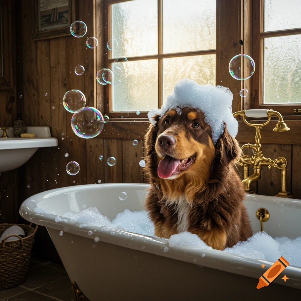 A photorealistic brown dog with bubbles on its head sits happily in a bubbly bathtub in a rustic wooden bathroom, tongue out, with soap bubbles floating.