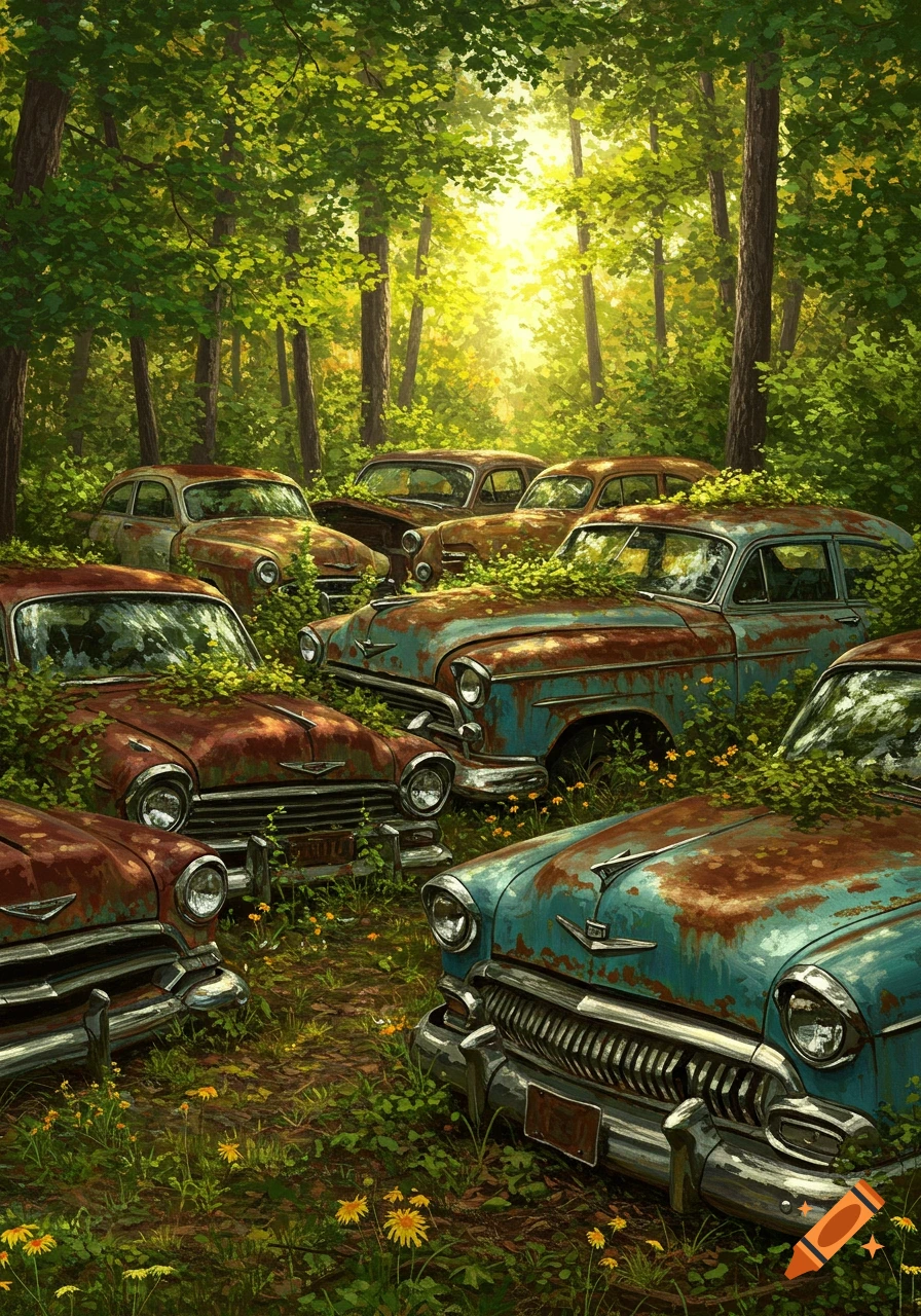An array of rusty, vintage cars sit abandoned and overgrown with green foliage in a sun-dappled forest.