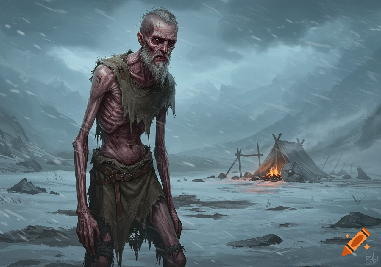 An emaciated old Viking man with a white beard stands in a snowy, desolate landscape with a burning tent.