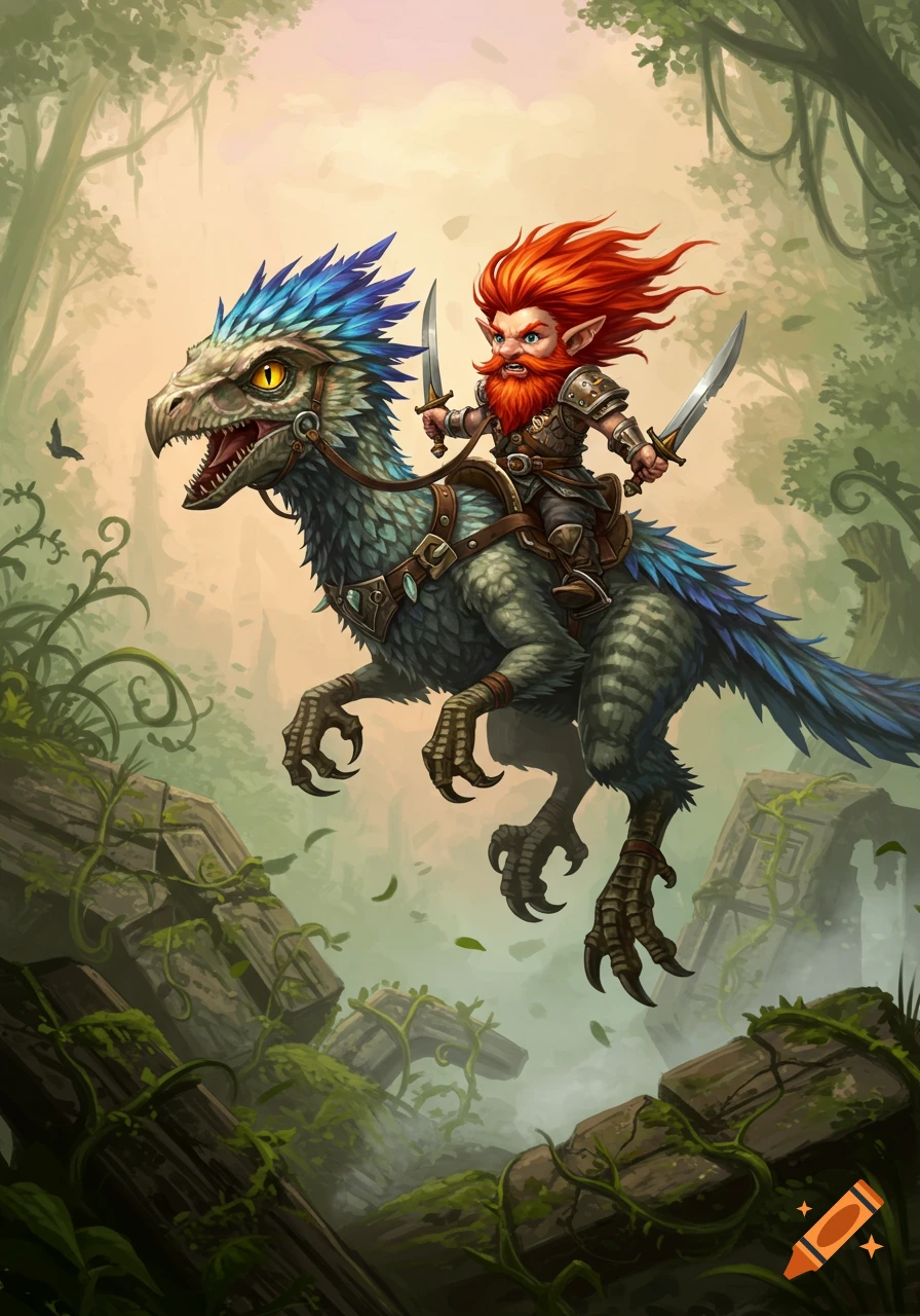A red-haired gnome with two swords rides a feathered raptor through a lush, ancient forest with ruins.