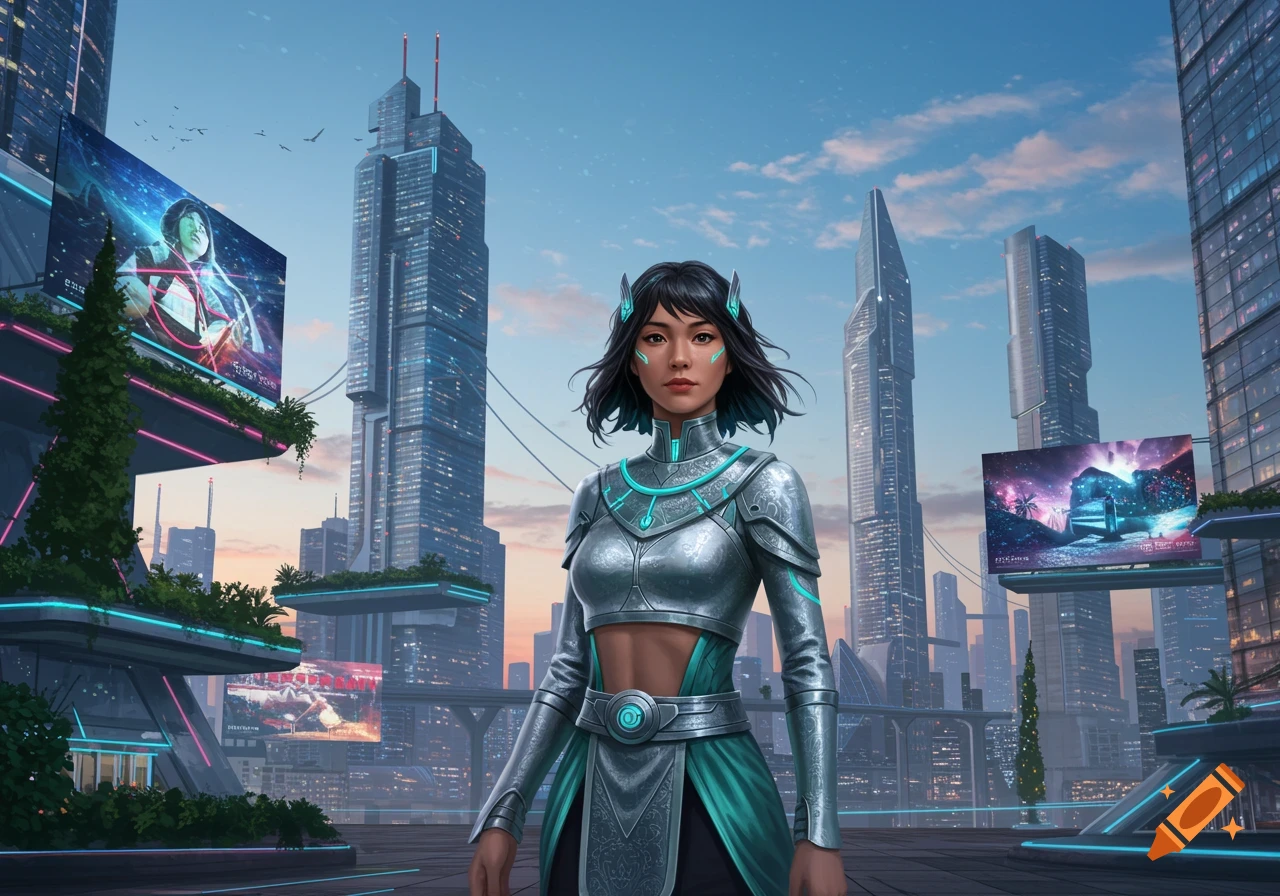 A futuristic cityscape with towering skyscrapers and neon lights under a blue sky. A woman in silver and teal armor stands in the foreground.