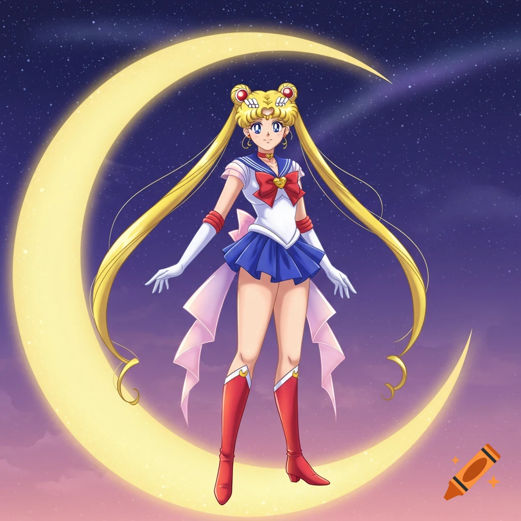 Anime illustration of Sailor Moon standing in front of a crescent moon in a starry night sky.