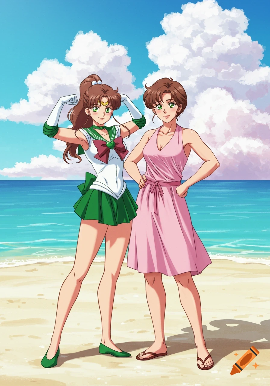 Anime style illustration of Sailor Jupiter flexing next to another woman in a pink dress, both standing on a sunny beach.