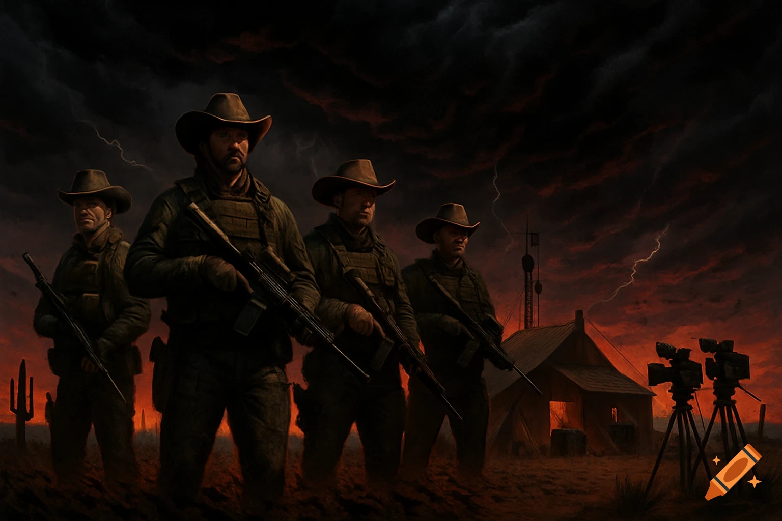 Four armed men in cowboy hats stand in a dark, stormy desert with lightning, a tent, and cameras in the background. Photorealistic style.
