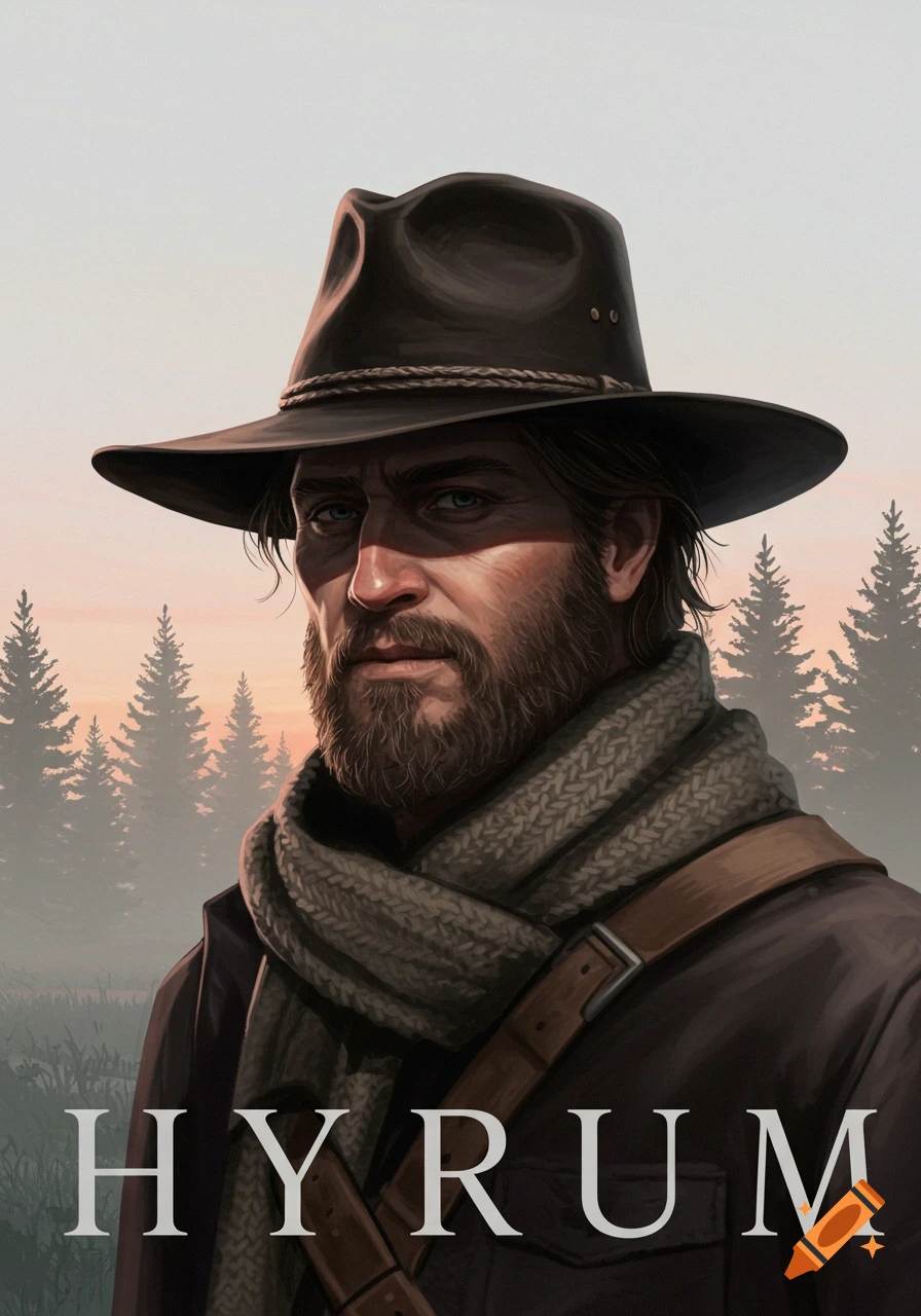 Digital illustration of a bearded man in a hat and scarf, with pine trees and the name 'HYRUM' at the bottom.