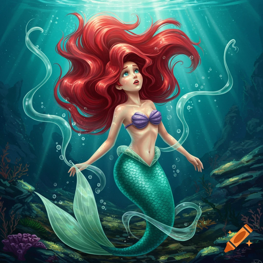 Vibrant illustration of Ariel the mermaid underwater, looking up with flowing red hair and a green tail, surrounded by bubbles and light.