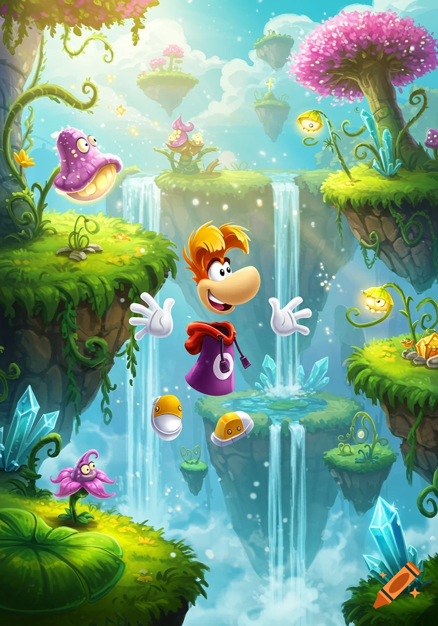 Rayman floating in a vibrant fantasy world with floating islands, waterfalls, lush greenery, and glowing crystals, in a cartoon art style.