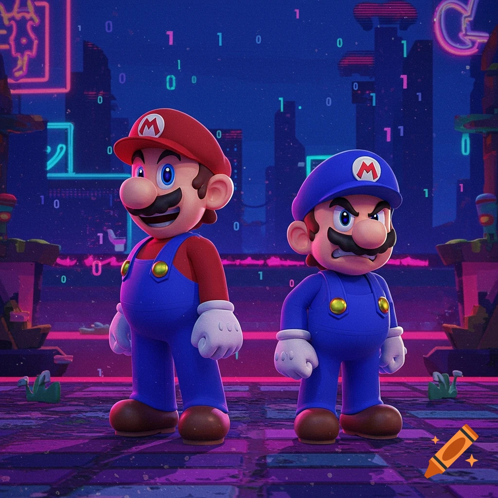Two Mario-like characters, one in red and one in blue, stand in a vibrant neon-lit digital cityscape with floating binary code.