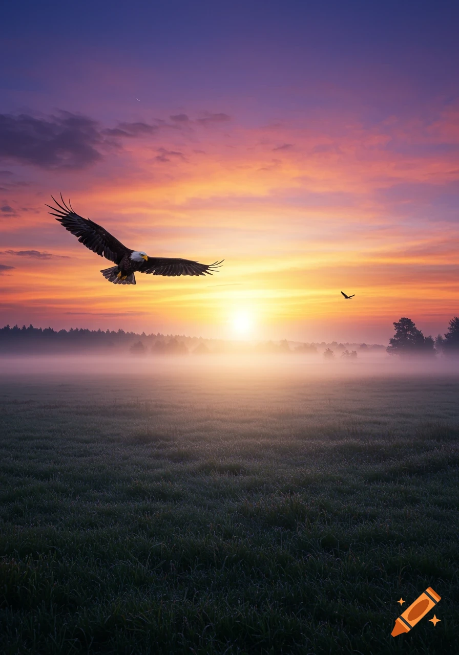 A bald eagle soars over a misty field at sunrise, against a vibrant purple and orange sky.